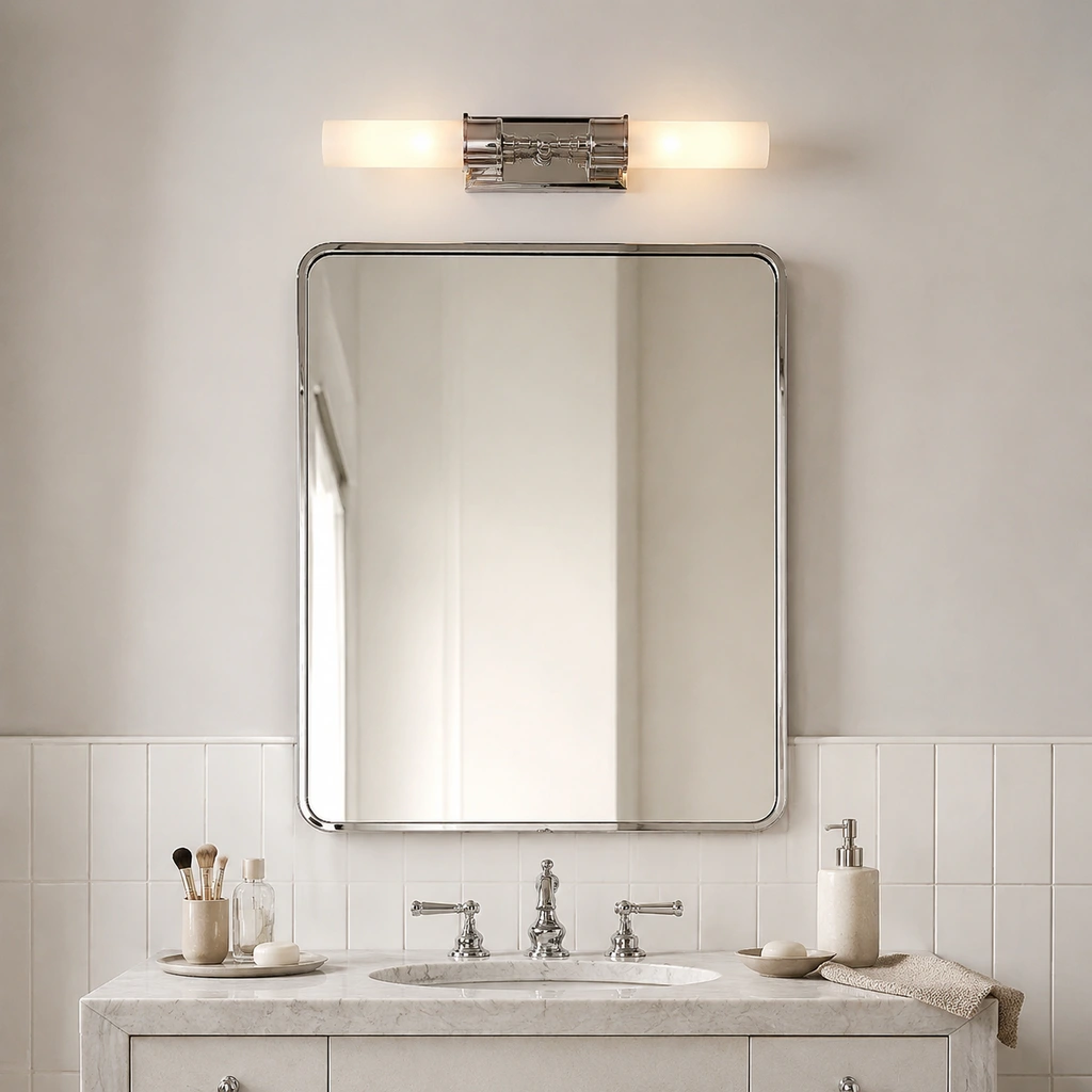Brass double tube wall light in a modern bathroom
