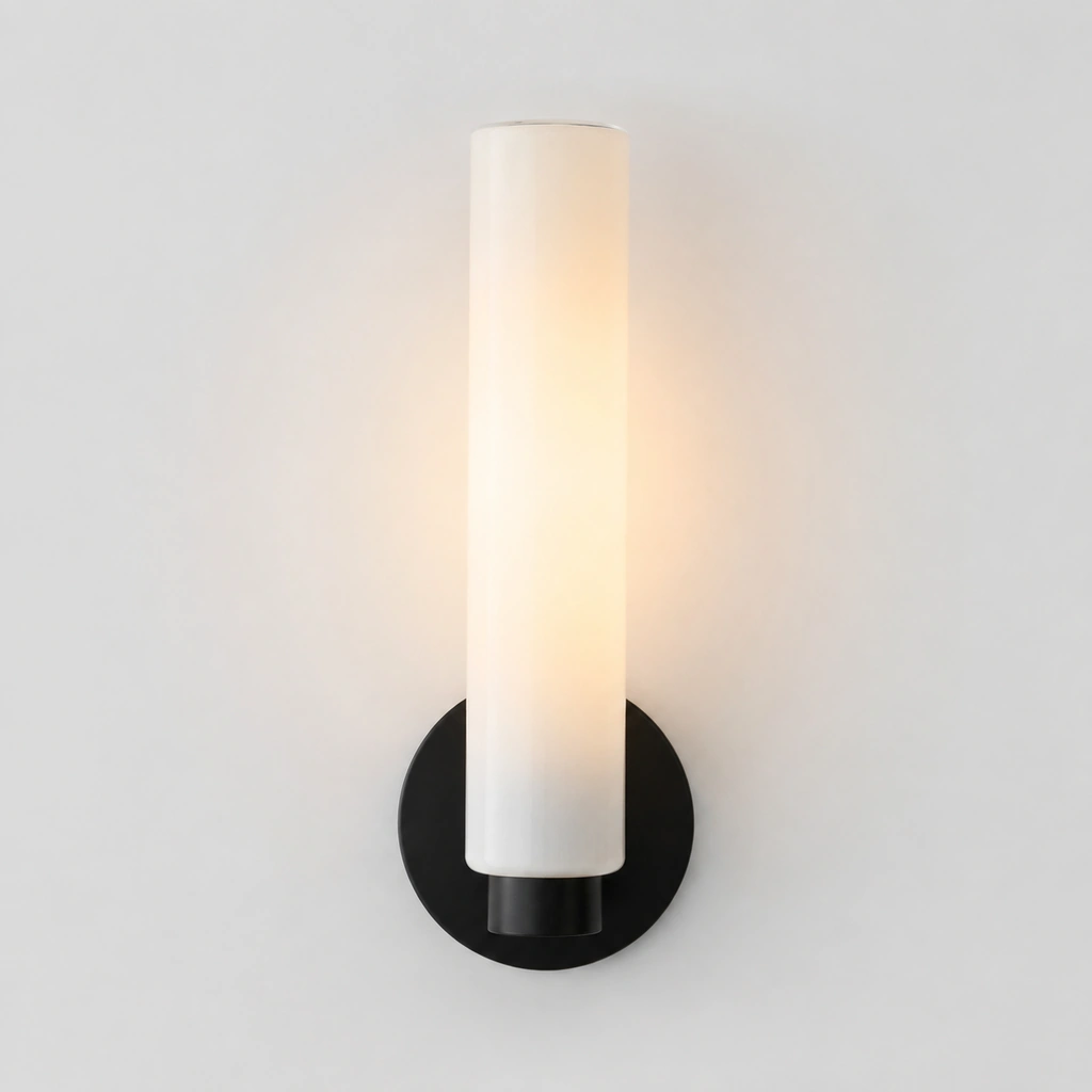 Matte Black 1-Head Luke wall light, light on