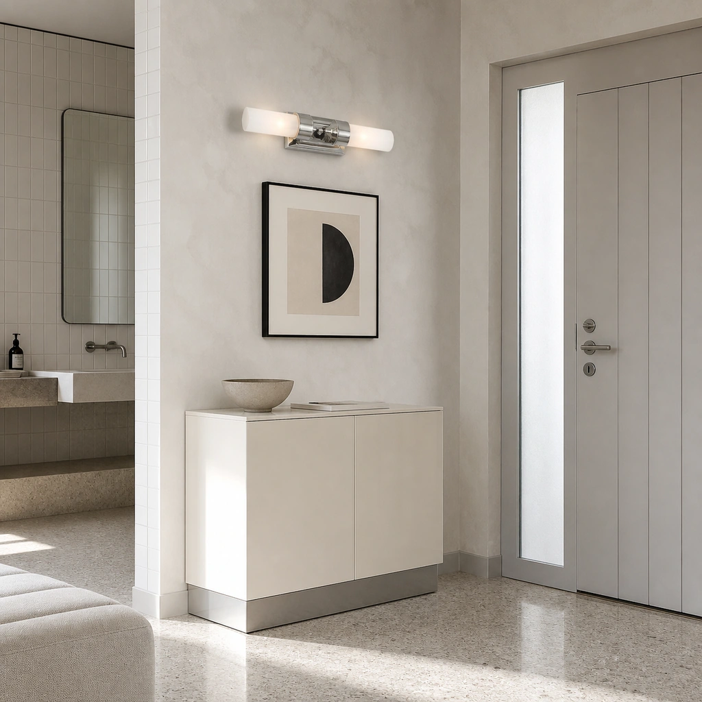 Double tube wall light at a contemporary entryway
