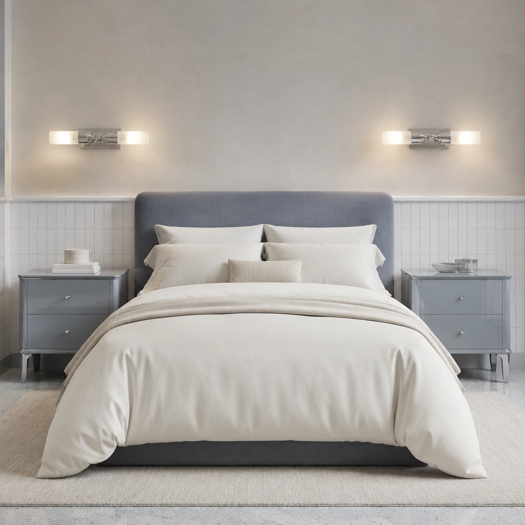Wall lights above lacquer bedside tables