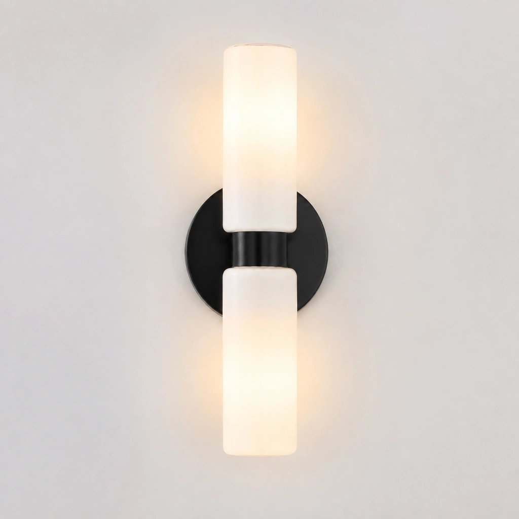 Matte Black 2-Head Luke wall light, light on