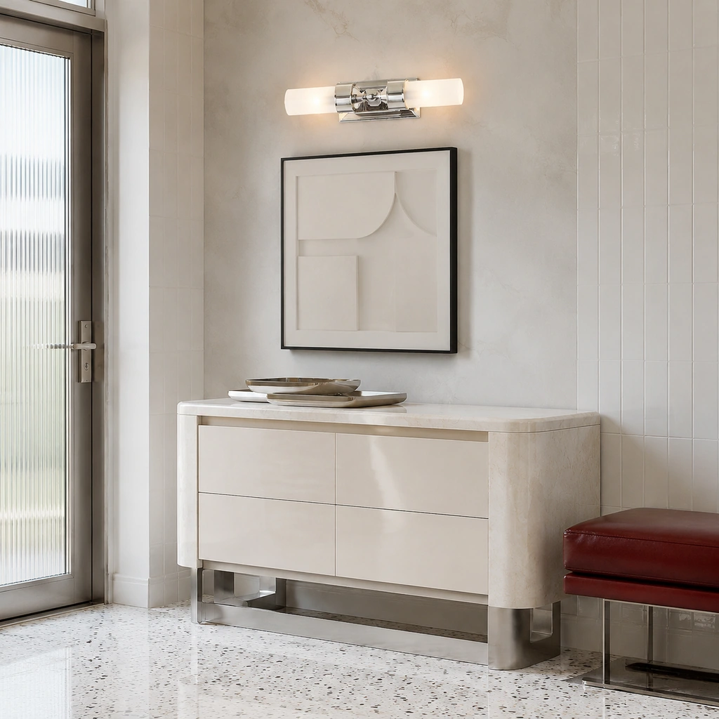 Double tube wall light beside a modern entry door