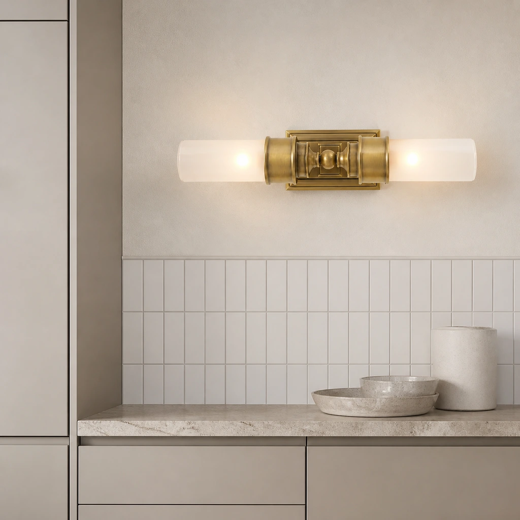Double tube wall light beside contemporary kitchen cabinetry