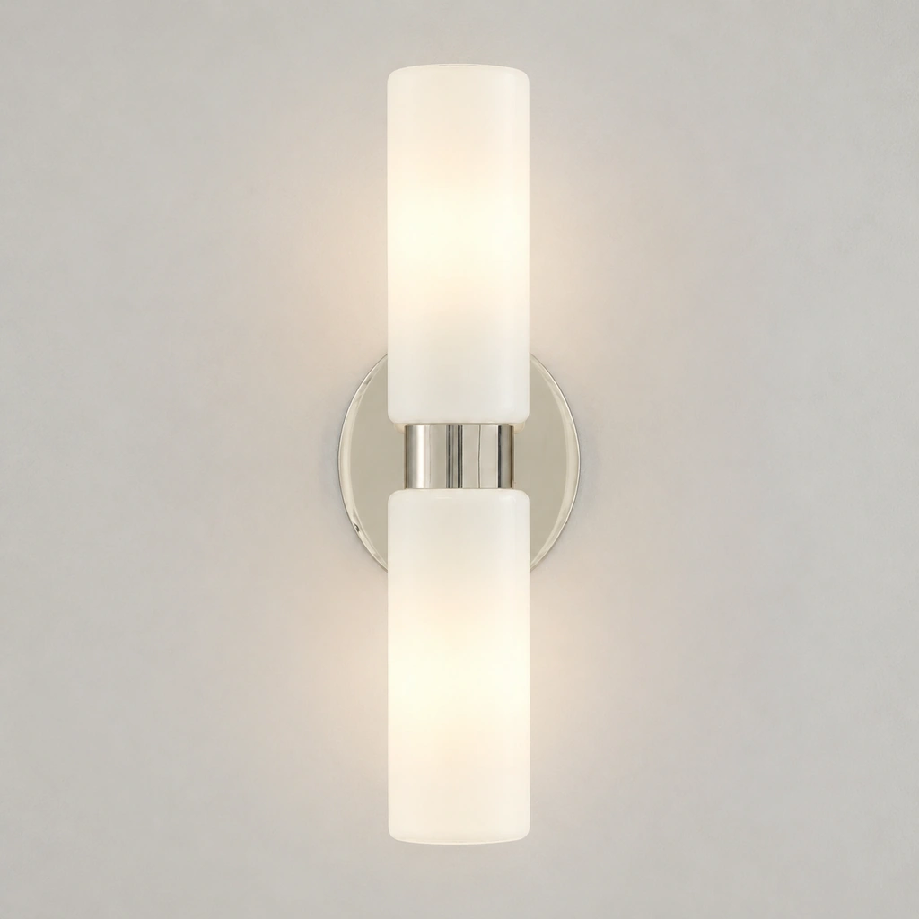 Polished Nickel 2-Head Luke wall light, light on