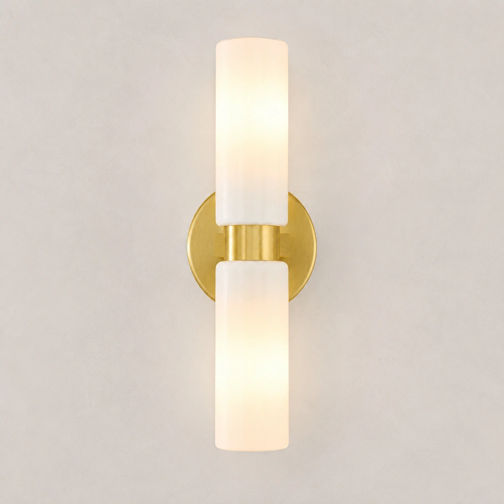 Antique Brass 2-Head Luke wall light, light on
