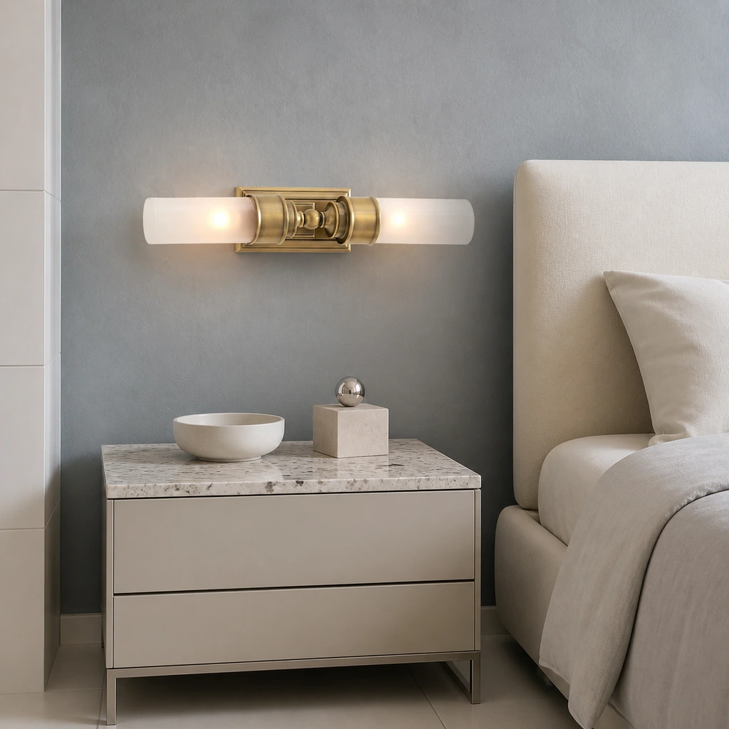 Double tube wall light in a fresh Nordic bedroom
