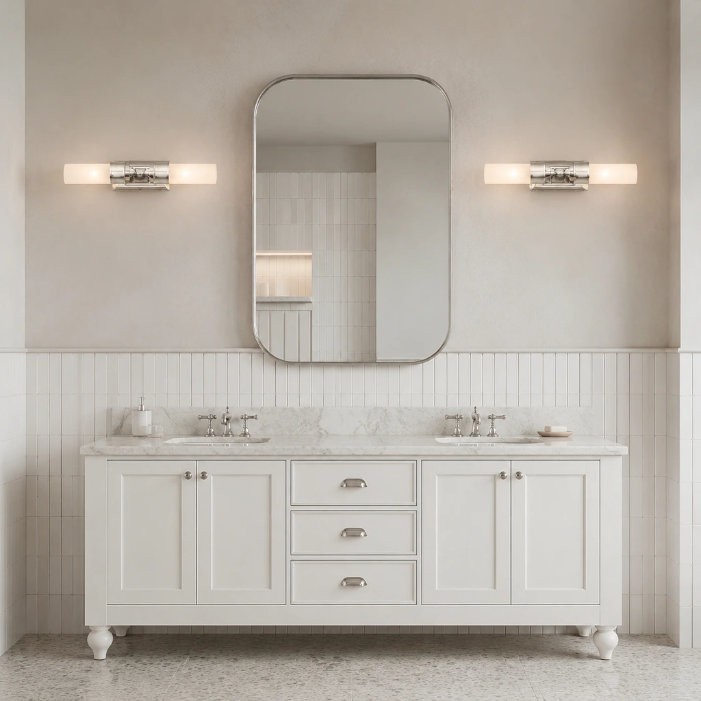 Wall lights beside a bathroom mirror