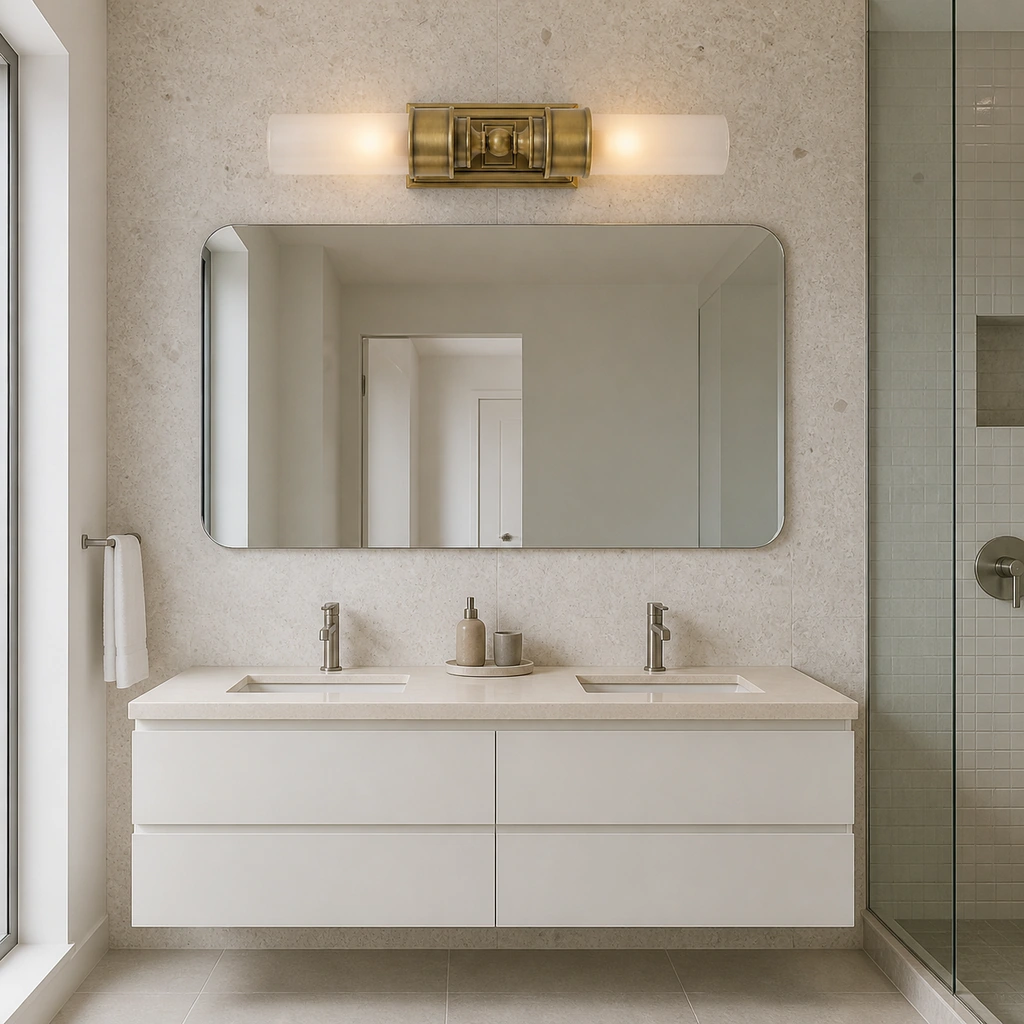 Double tube wall lights positioned around a bathroom mirror