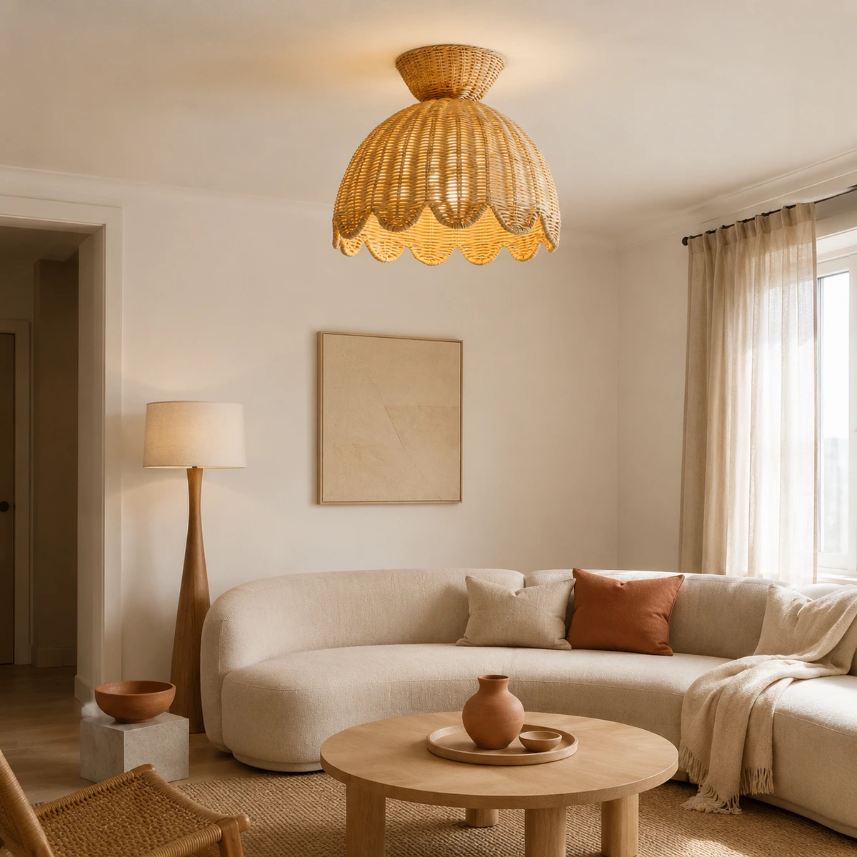 Valka flush mount illuminated in a warm Nordic lounge