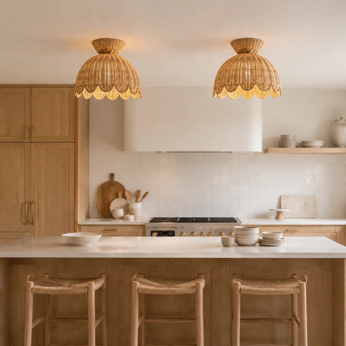 Two proportion-correct Valka flush mounts installed above a Nordic kitchen island