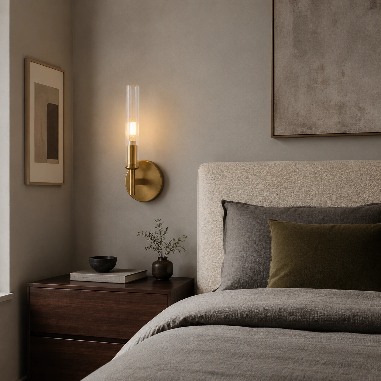 Single brass sconce beside an upholstered bed
