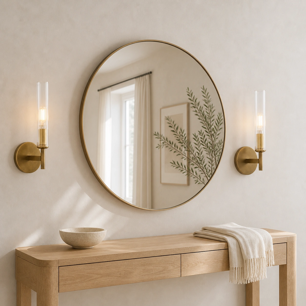 Paired sconces beside a round entry mirror