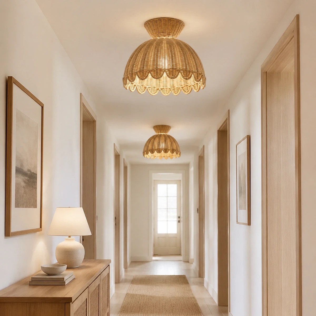 Two proportion-correct Valka flush mounts aligned along a bright Nordic hallway