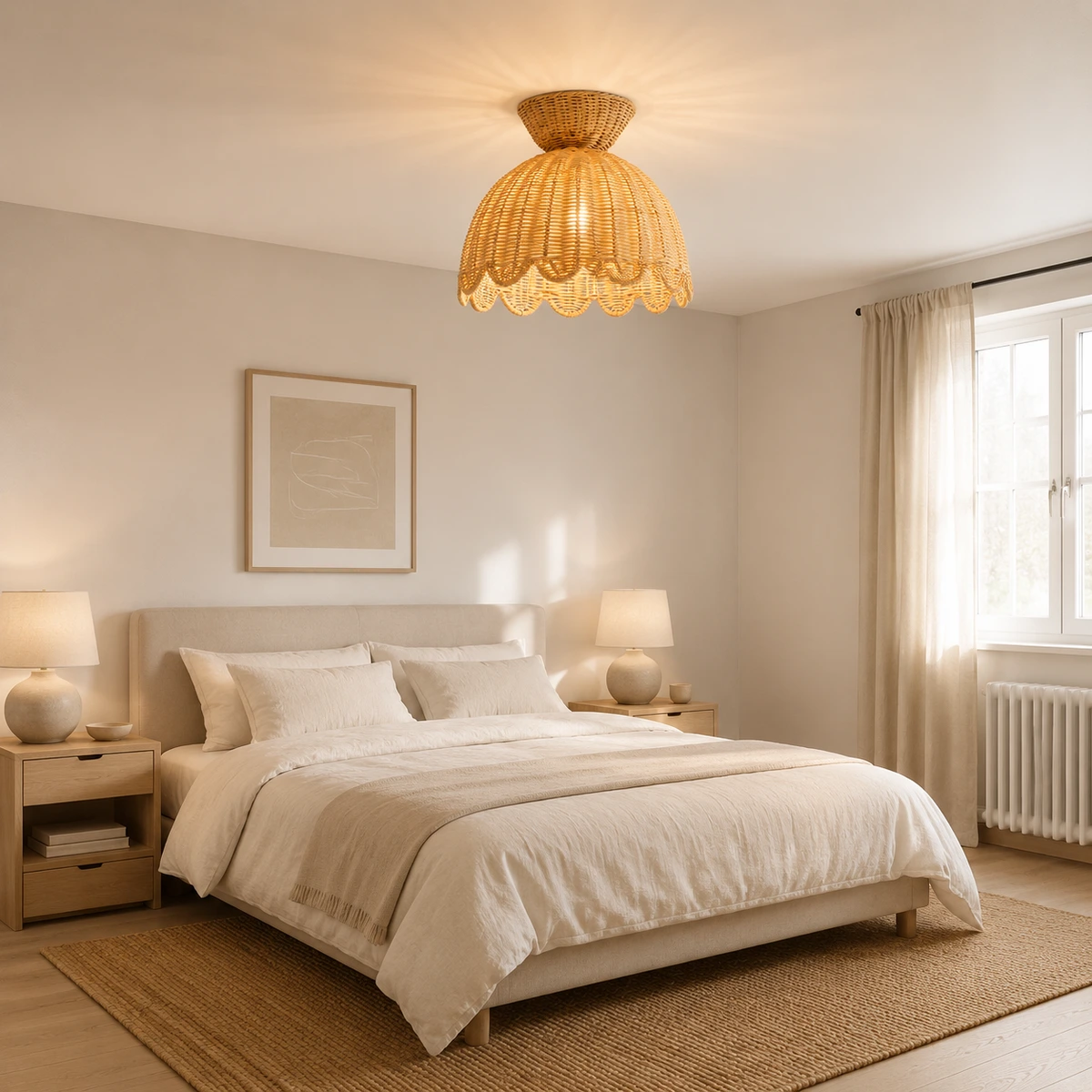 Valka flush mount illuminated above a bright Nordic bedroom