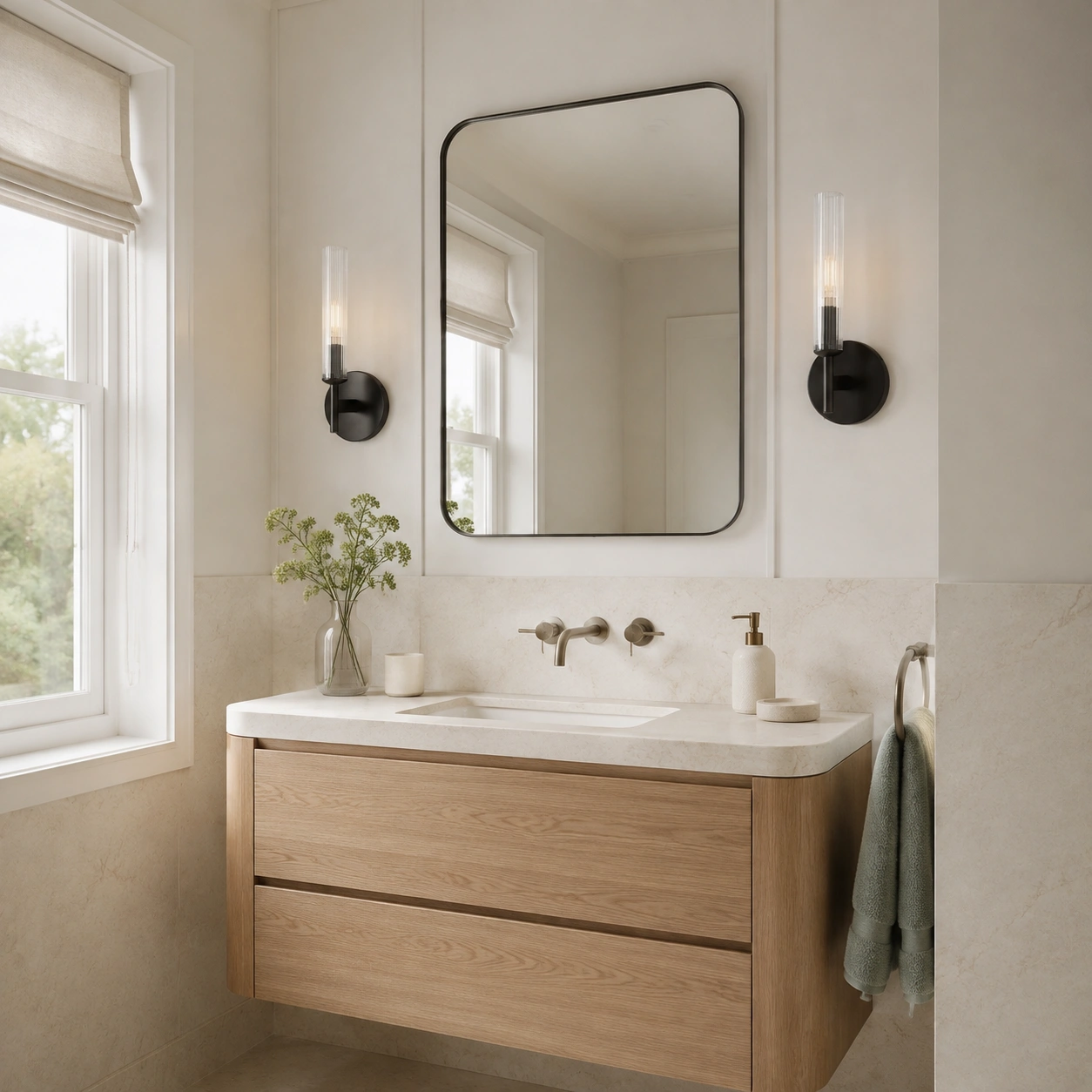 Paired bronze sconces beside a powder-room mirror