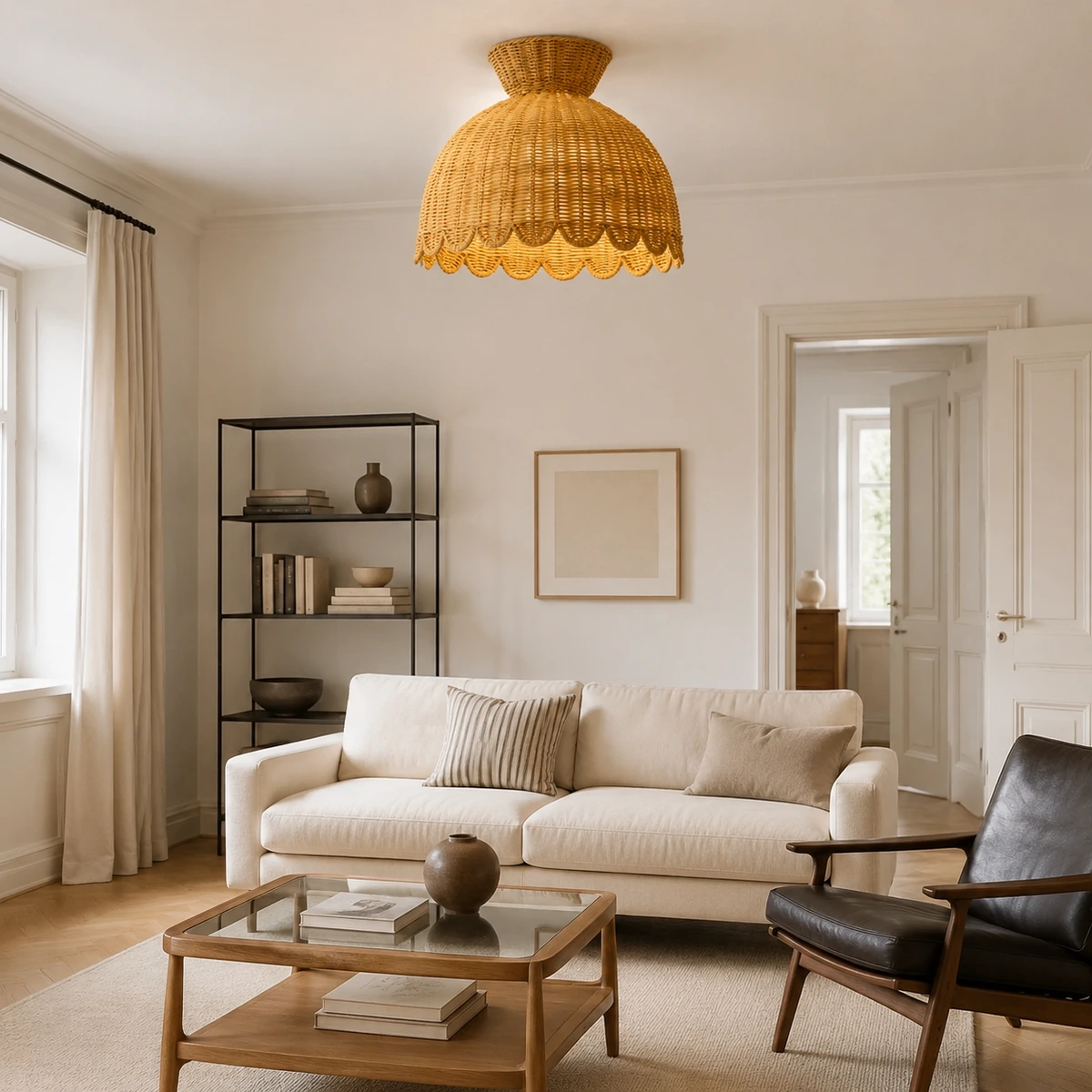 Valka flush mount illuminated in a coherent Nordic living room