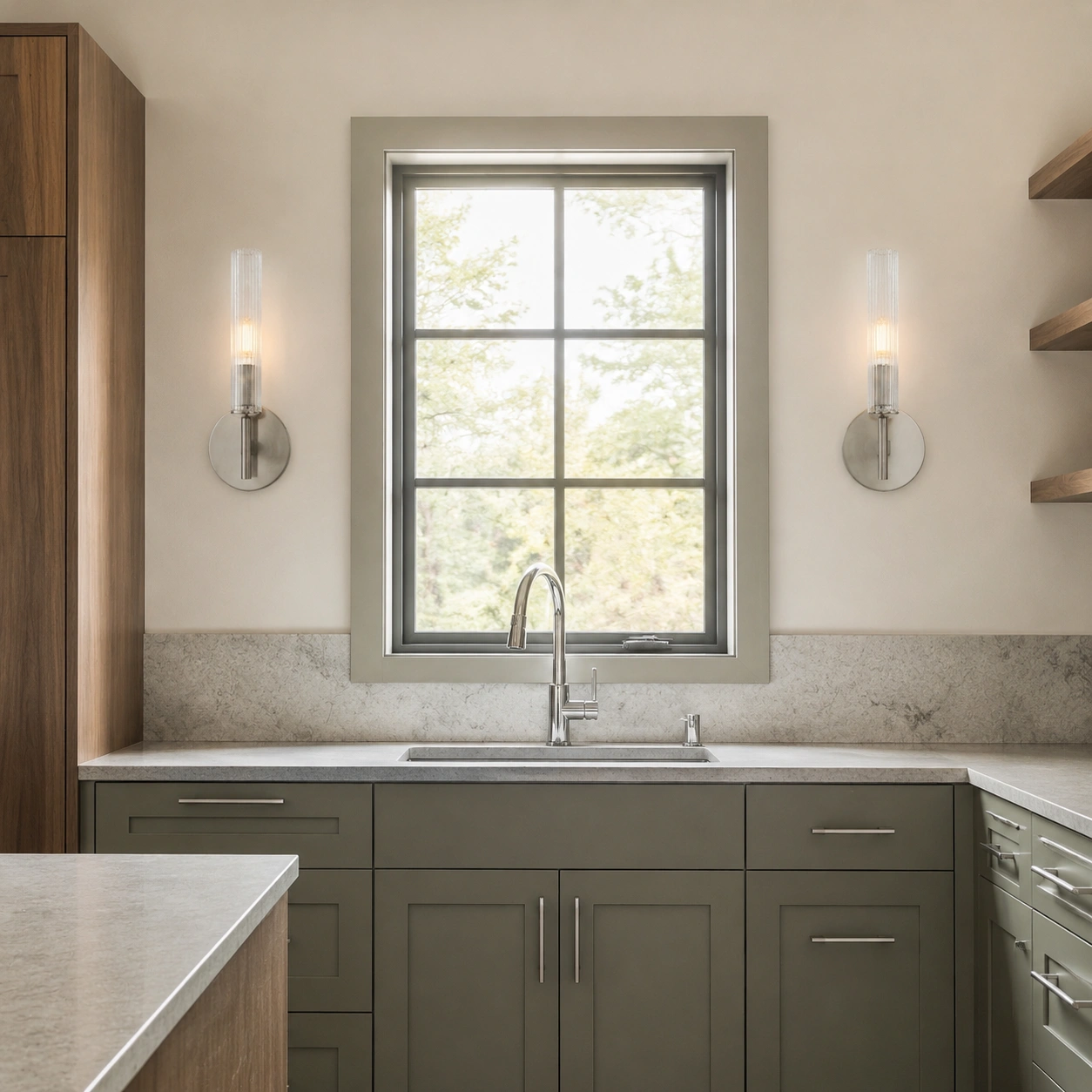 Paired chrome sconces on a kitchen sink wall