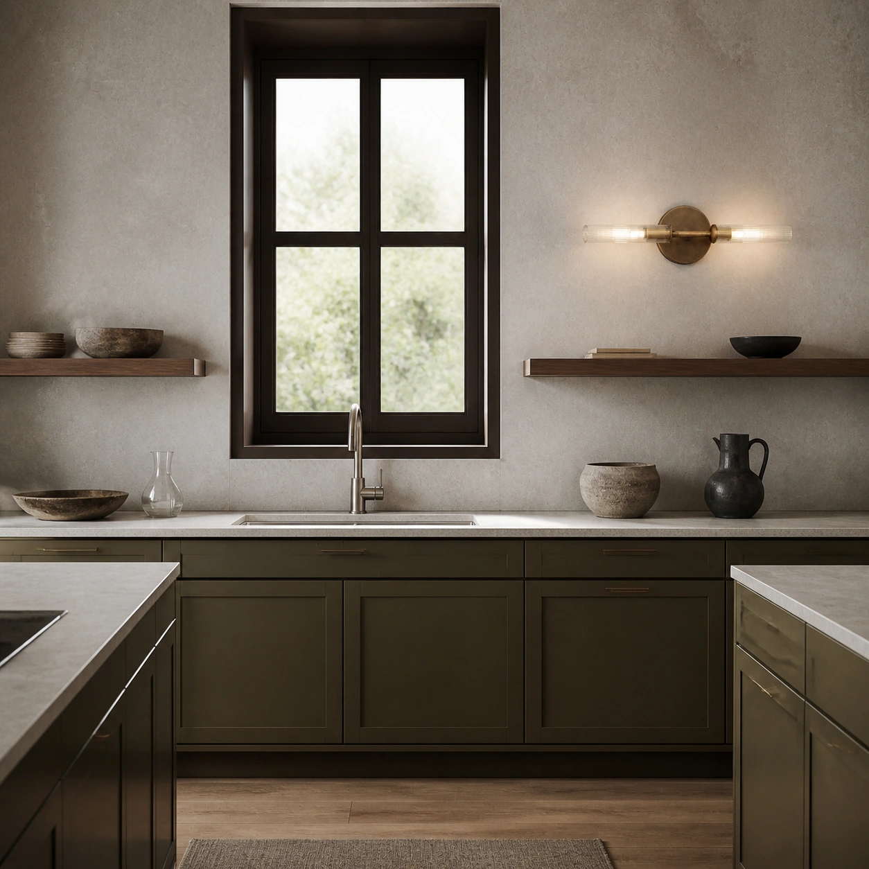 Horizontal two-light sconce above a kitchen sink window