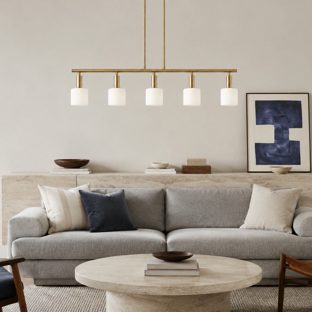 Chandelier correctly suspended above a Nordic living room