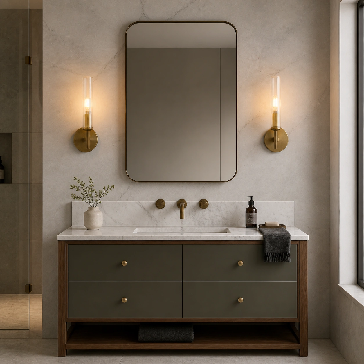 Paired brass sconces beside a bathroom mirror