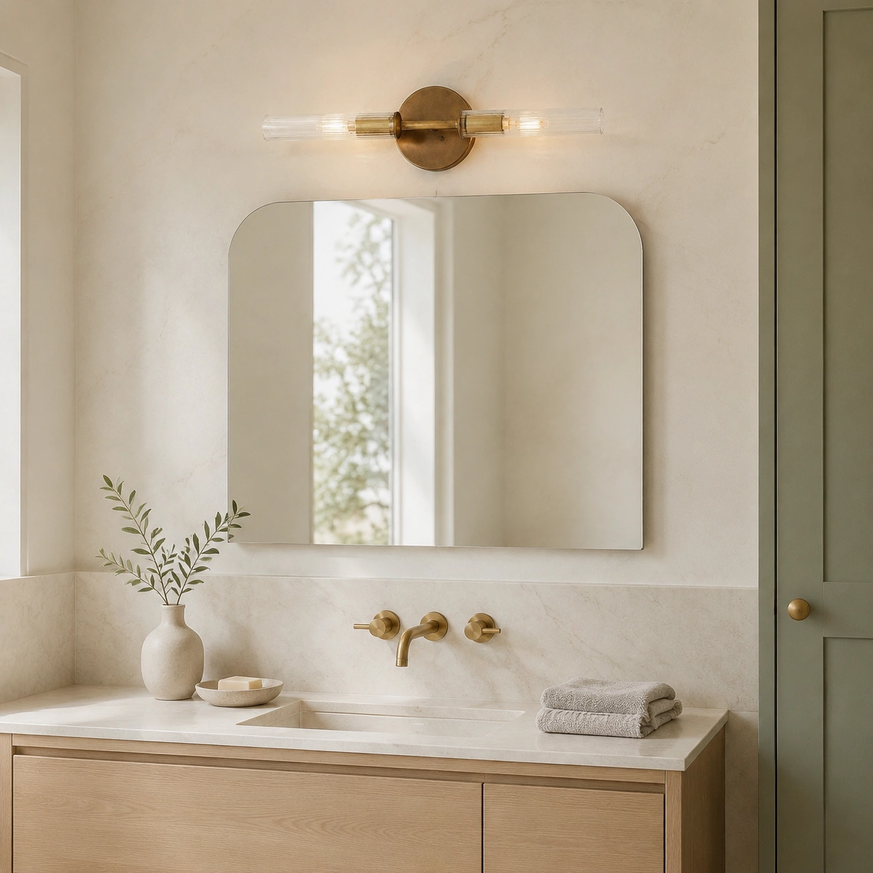 Horizontal two-light sconce above a vanity mirror