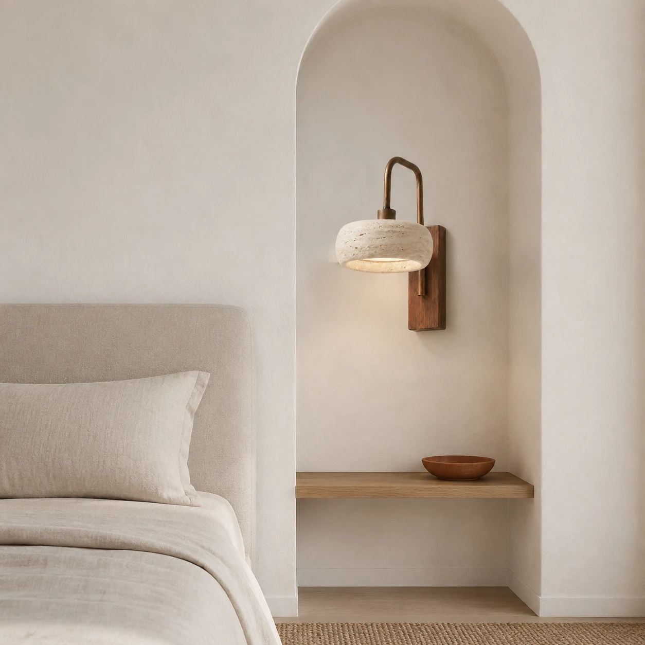 Ianis wall sconce beside a calm bedroom niche
