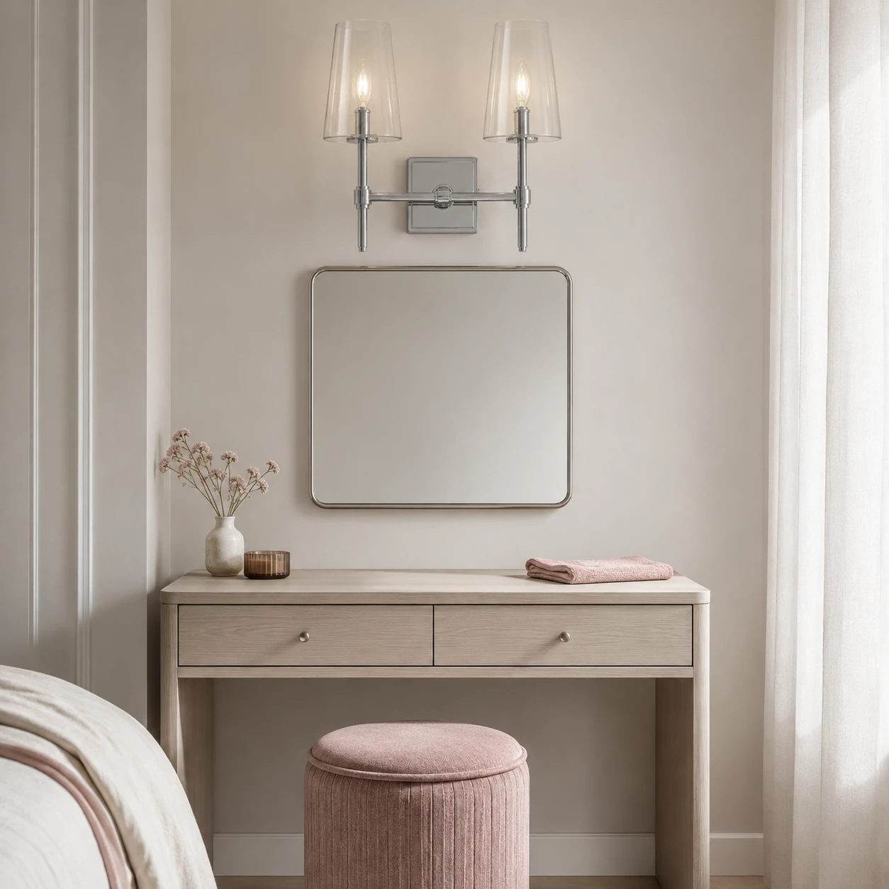 Two-head nickel Yve wall sconce in a dressing area