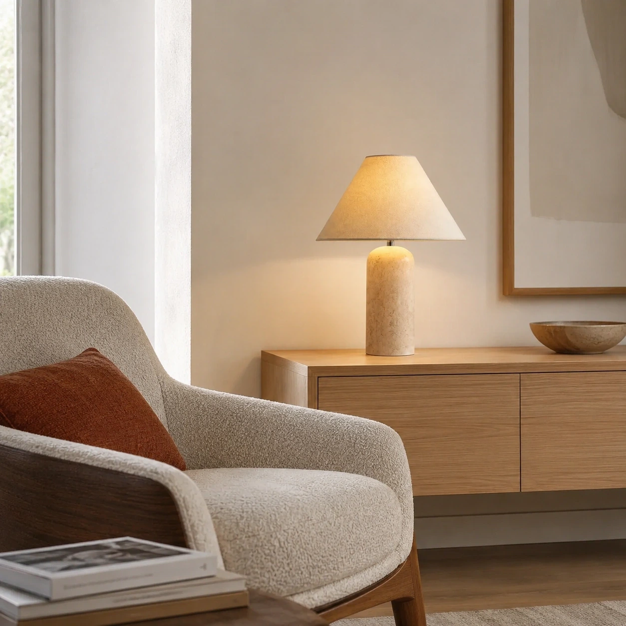 Daph travertine table lamp in a modern reading corner
