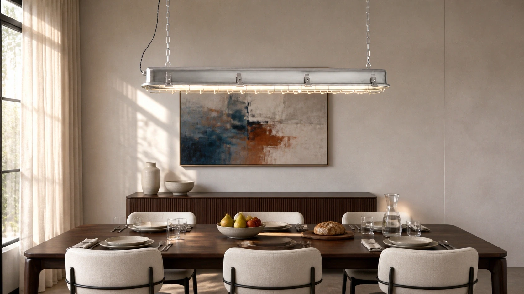 Birgit linear cage pendant above a refined long dining table