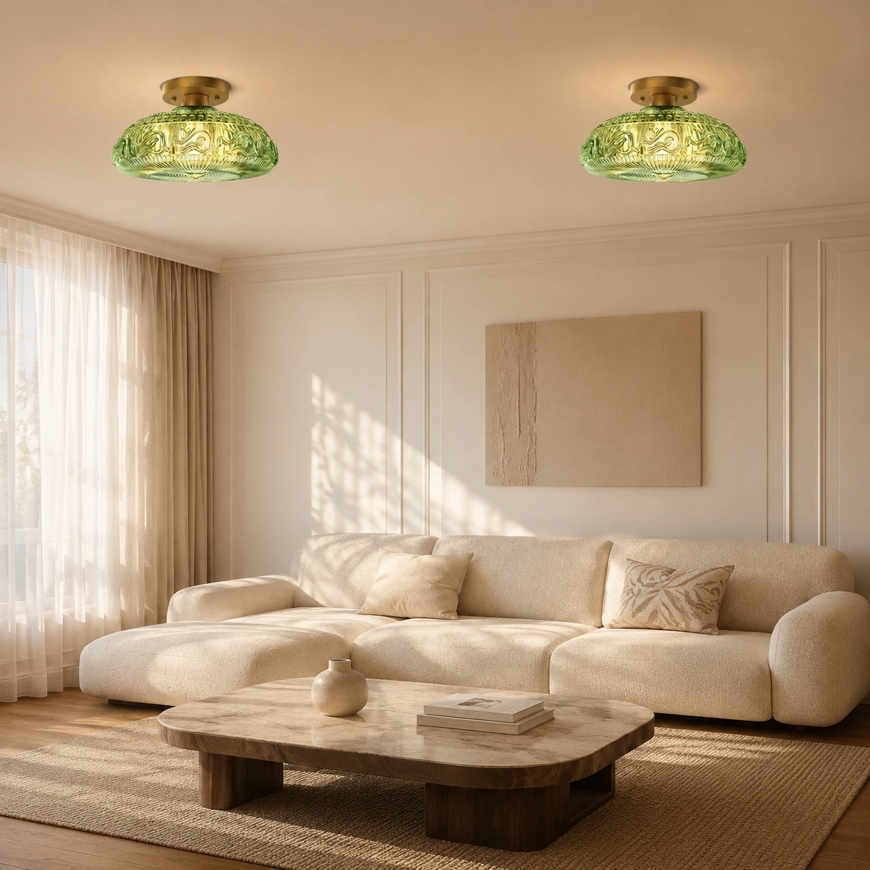 Pair of green glass Jules ceiling lights in a living room