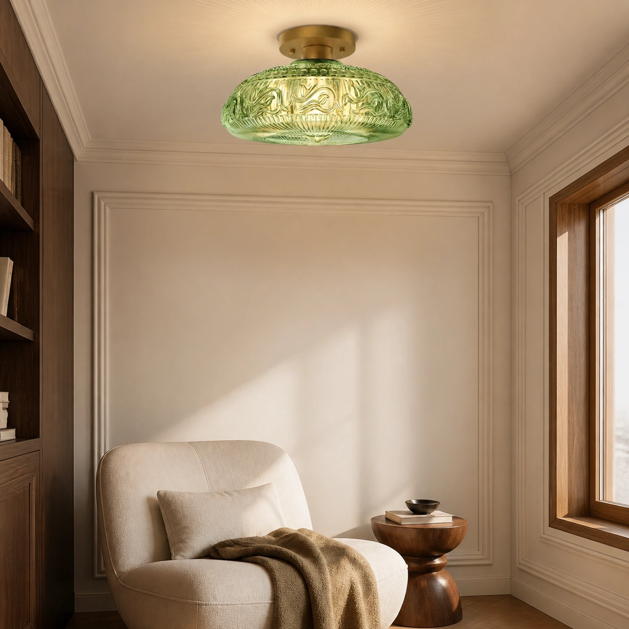 Green glass Jules ceiling light in a reading corner