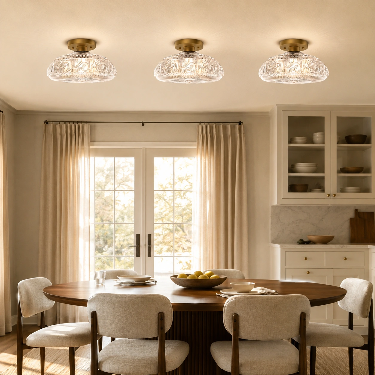 Three clear glass Jules ceiling lights above a dining table