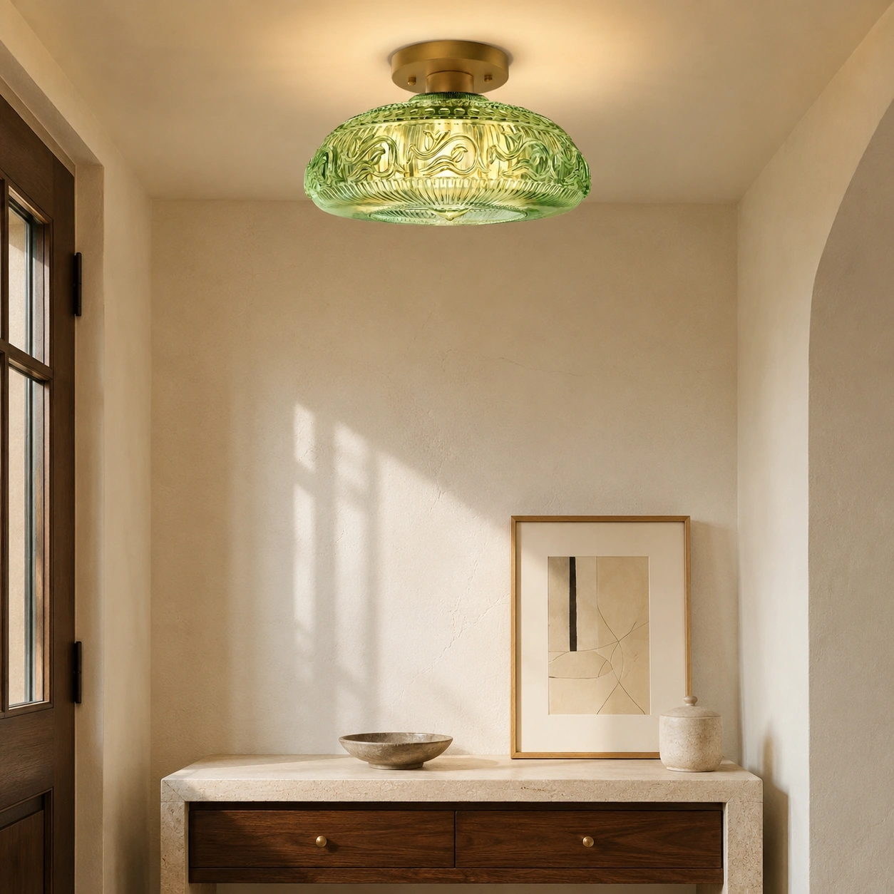 Green glass Jules ceiling light in a modern entry