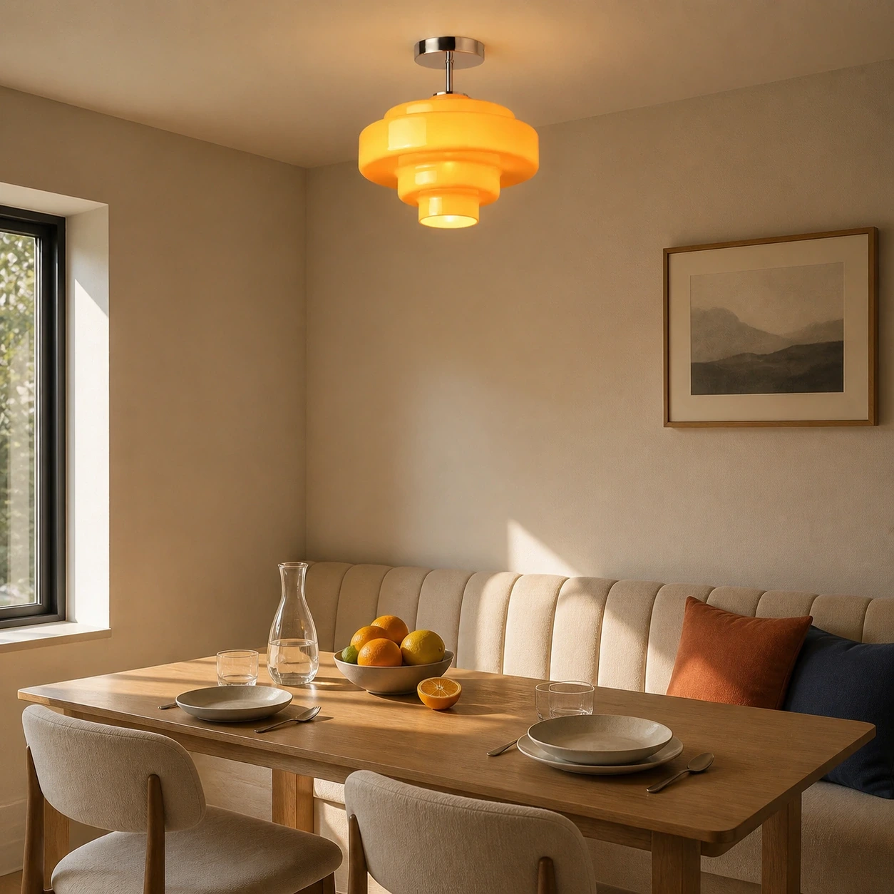 Evenly illuminated orange Ivon ceiling light above a contemporary breakfast table
