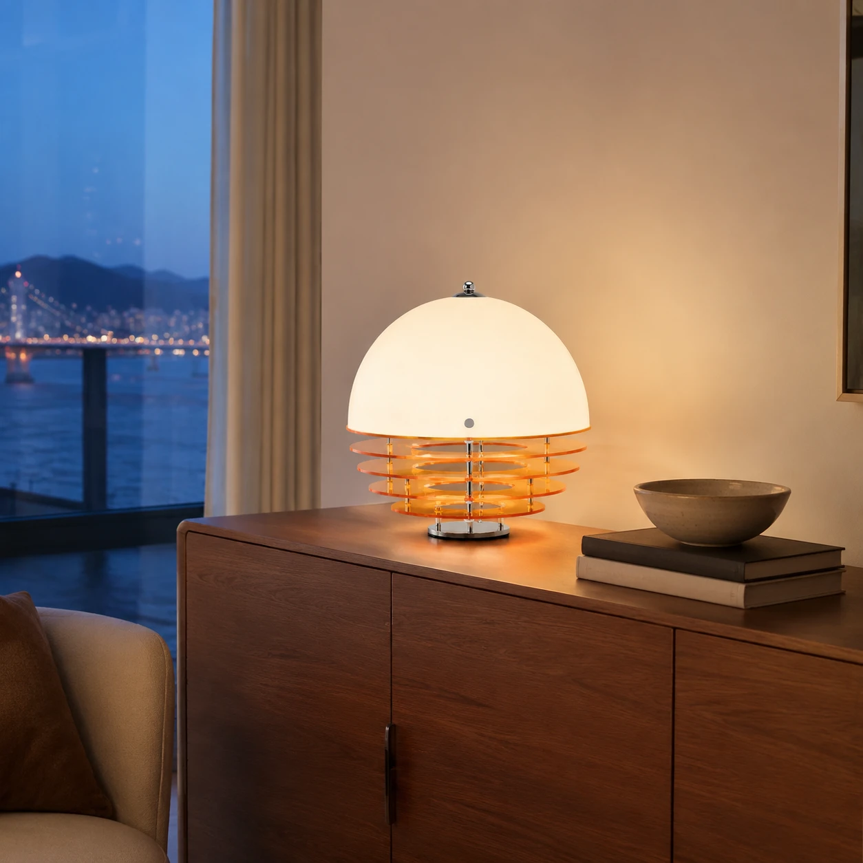 Hugo lamp on a living room sideboard at blue hour
