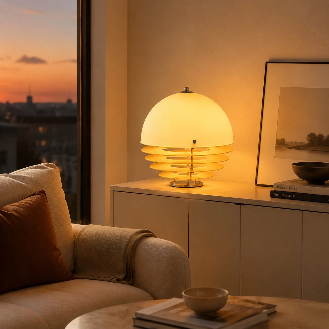 Hugo lamp glowing on a living room sideboard at sunset