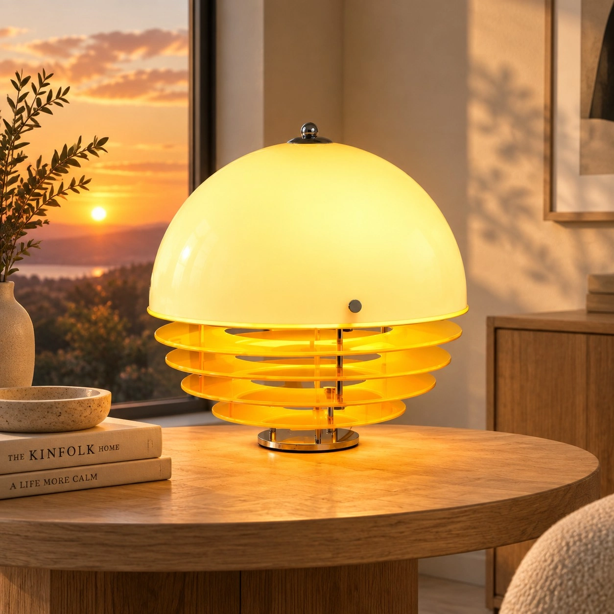 Hugo lamp glowing beside a sunset window