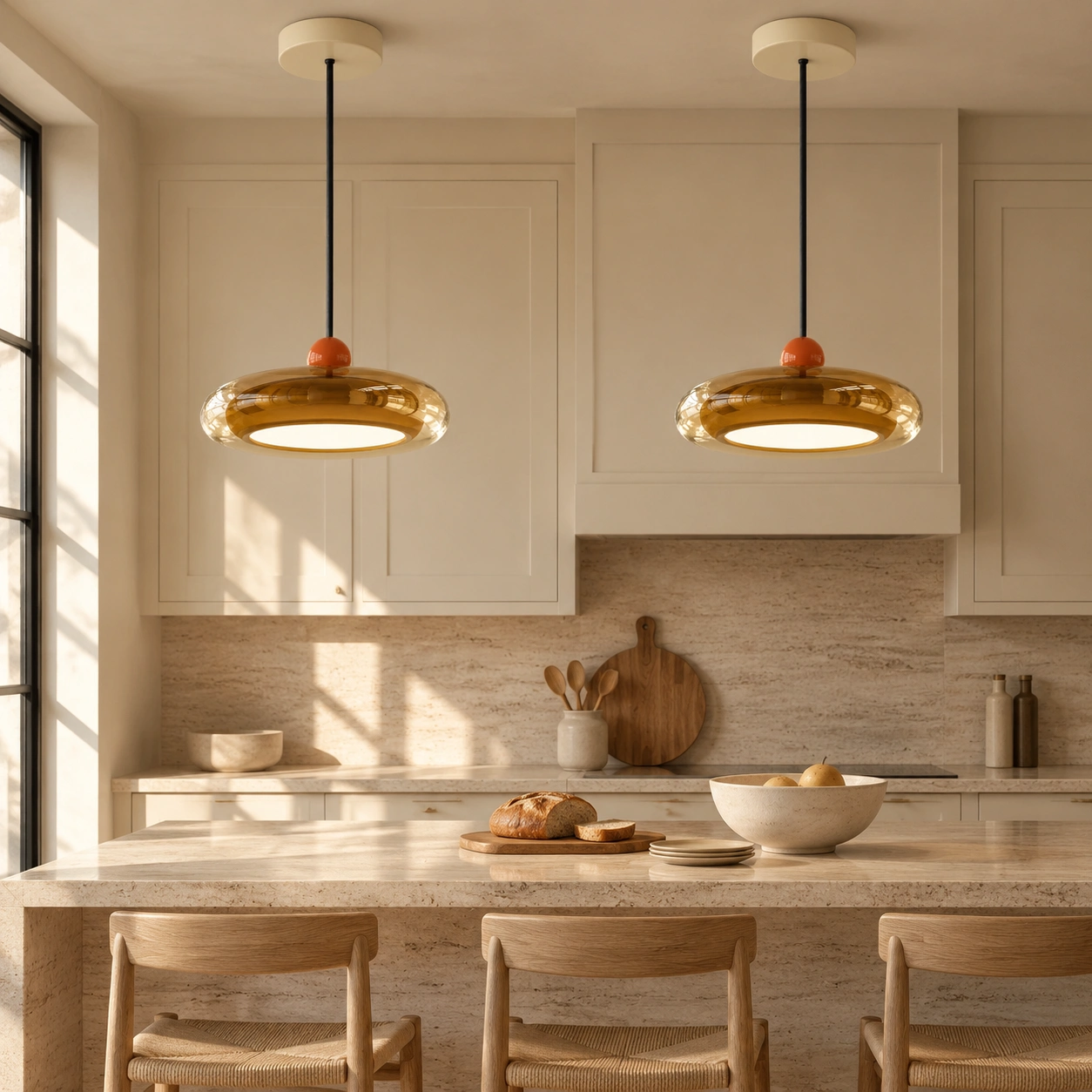 Colgantes Pebble Glow sobre una isla de cocina