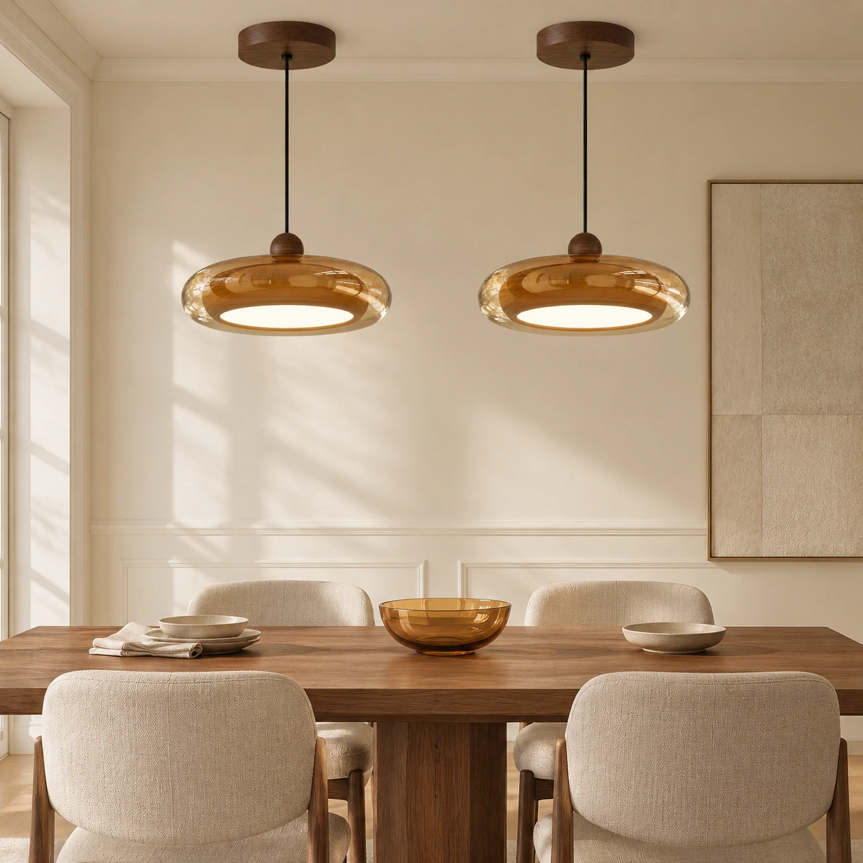 Colgantes Amber Pebble Glow sobre una mesa de comedor