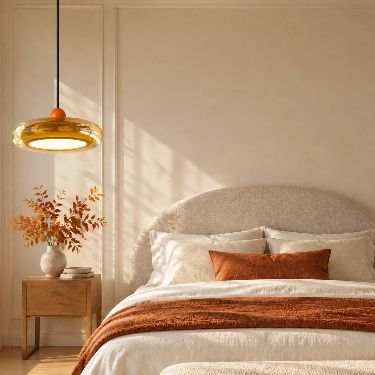 Colgante Pebble Glow encima de una mesita de noche