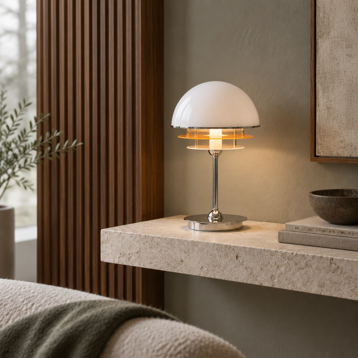 Hugo acrylic table lamp on a stone architectural shelf