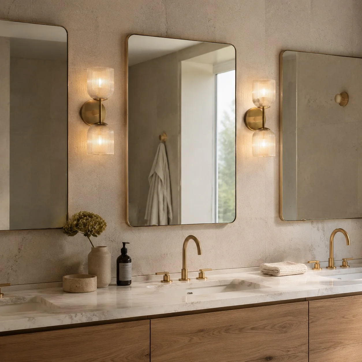 Pair of wall lights in a lived-in bathroom