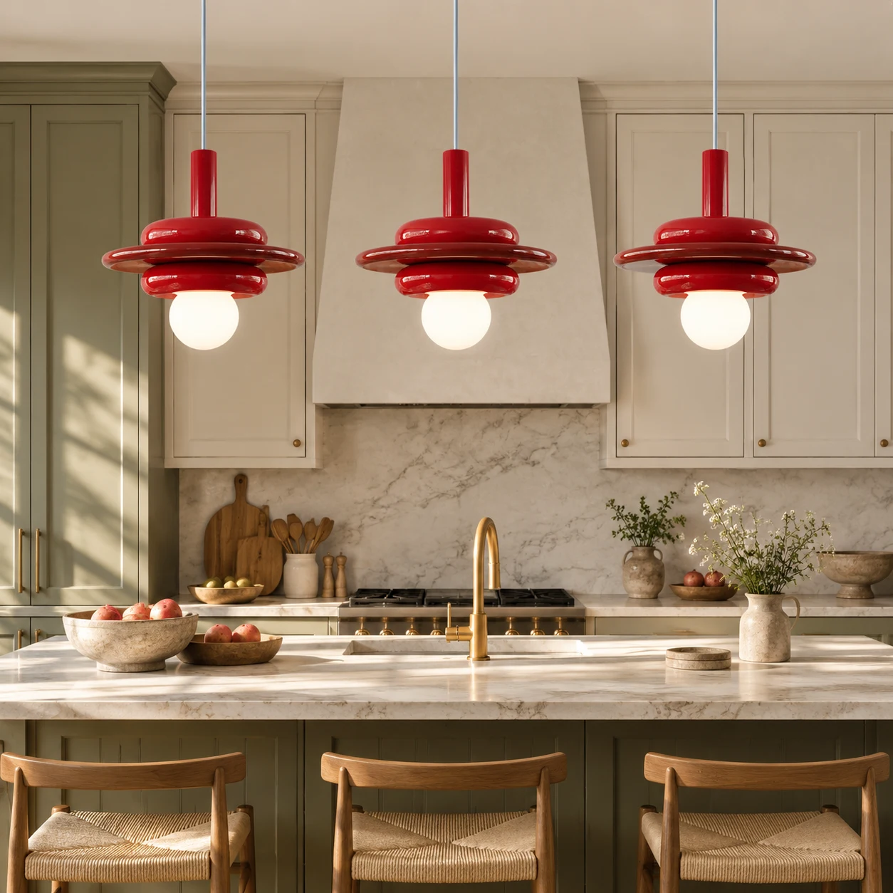 Large Elara pendants arranged above a modern kitchen island