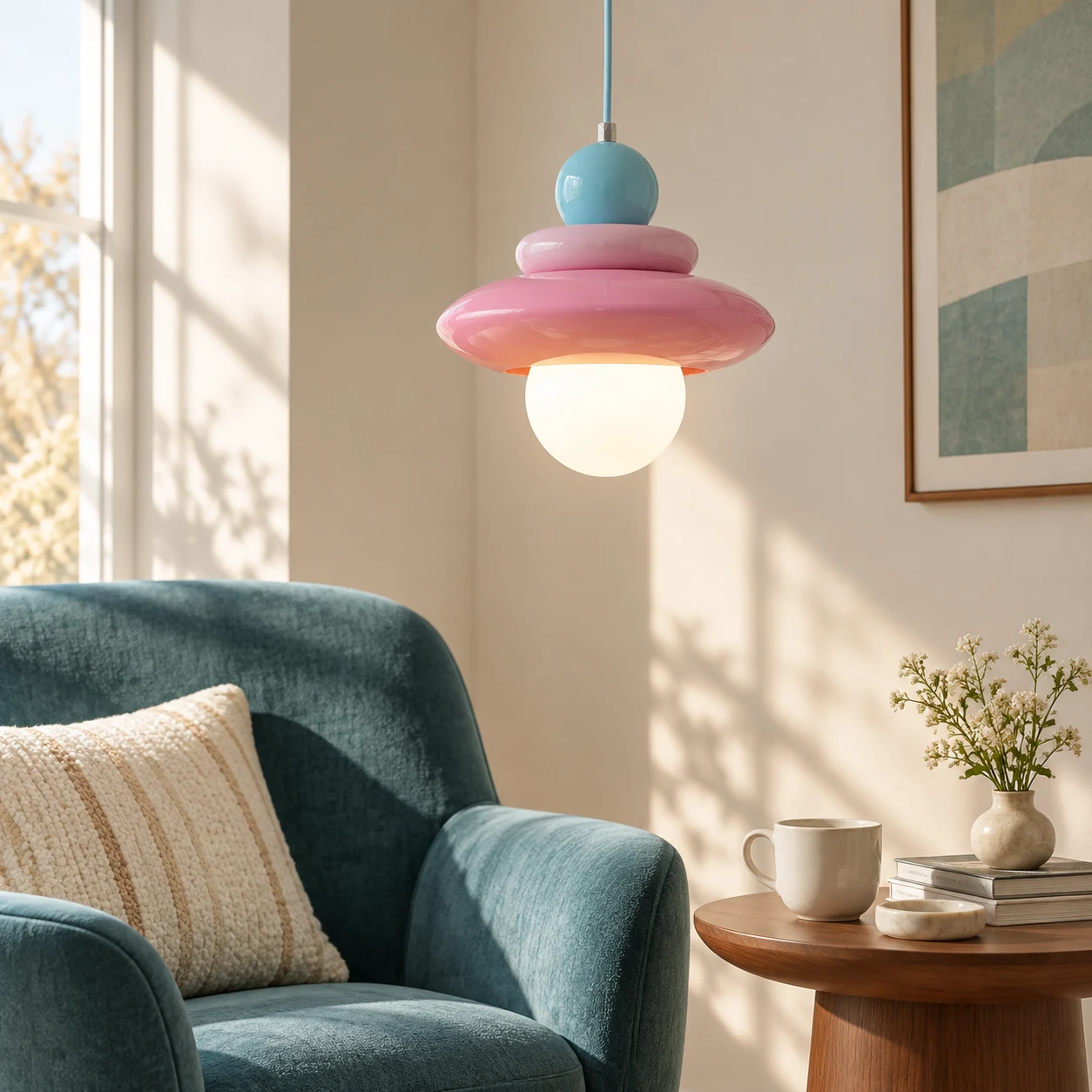 Pink and blue Elara pendant in a reading corner
