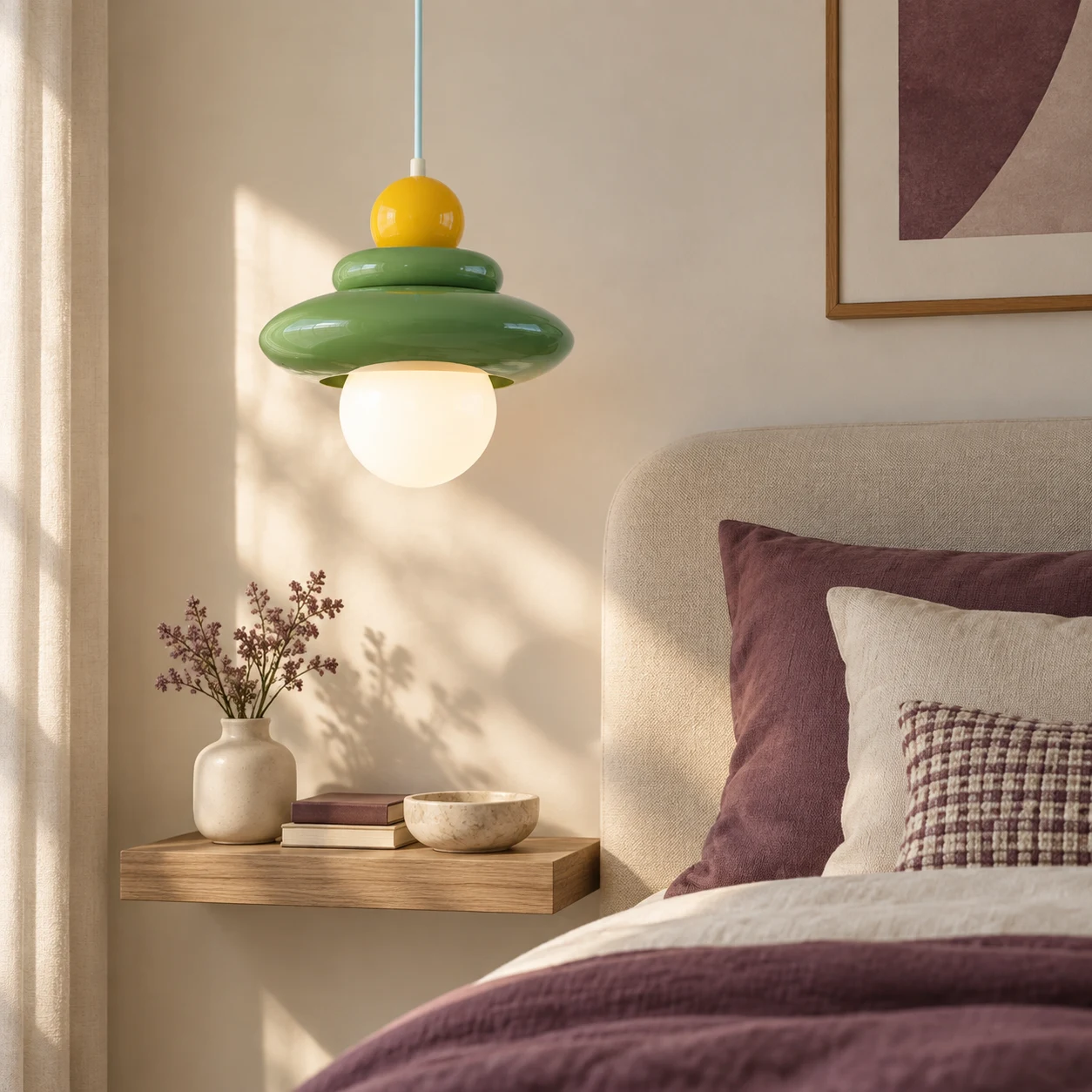 Elara green and yellow pendant beside a modern bed