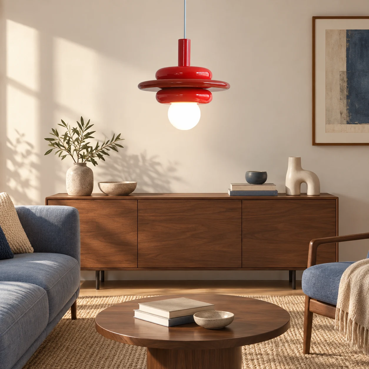Red Elara pendant above a display cabinet