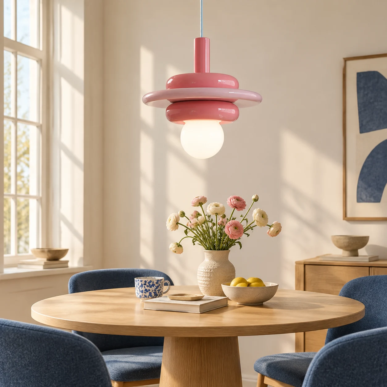 Elara pink and red pendant above a breakfast table