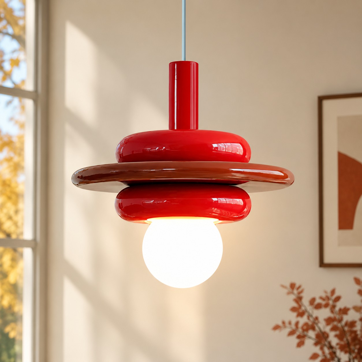 Pink Elara pendant by an autumn window