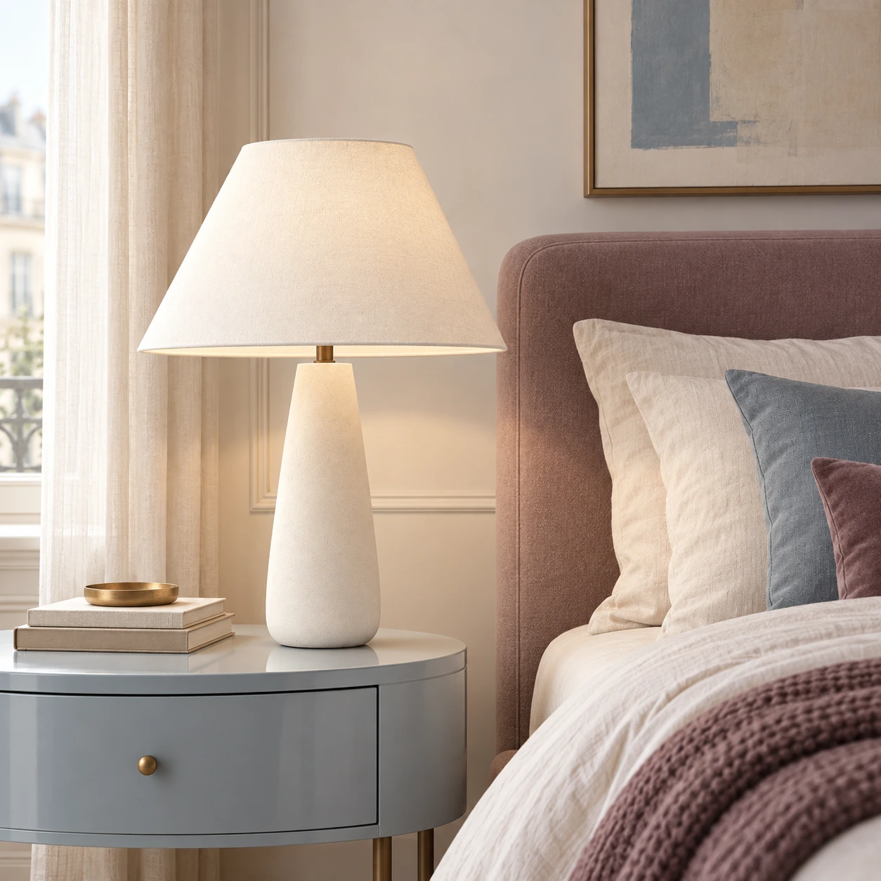 Marlow table lamp in a mauve bedroom