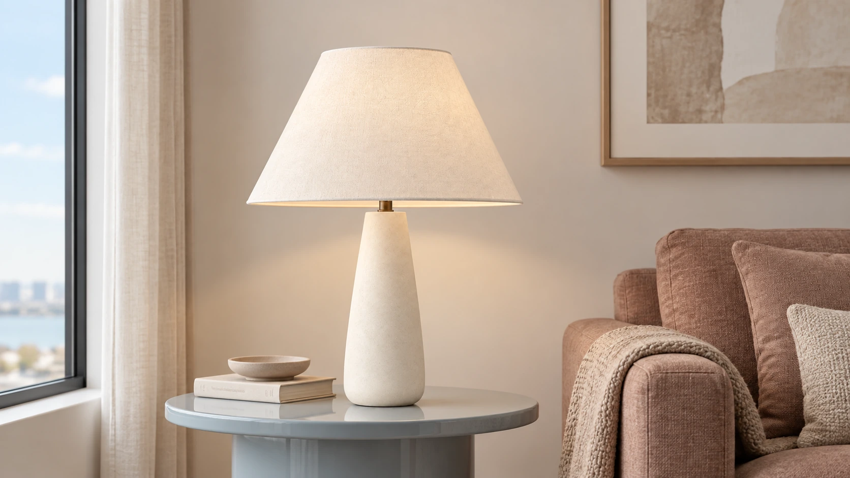 Complete Marlow table lamp beside a soft clay sofa